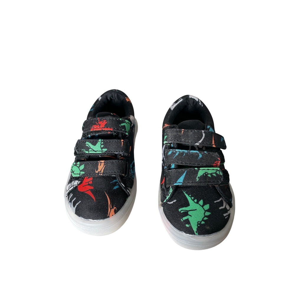 Kids Dinosaur Print Canvas Sneakers Black Multi Hook and Loop Shoes‎ Size 5 US